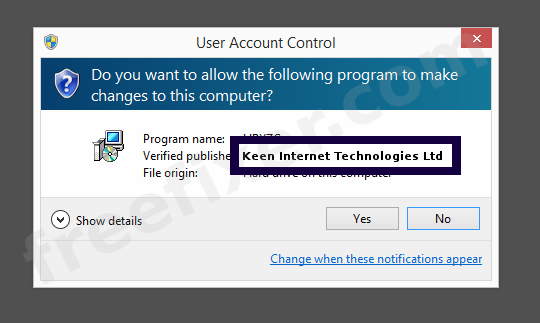 Screenshot where Keen Internet Technologies Ltd appears as the verified publisher in the UAC dialog